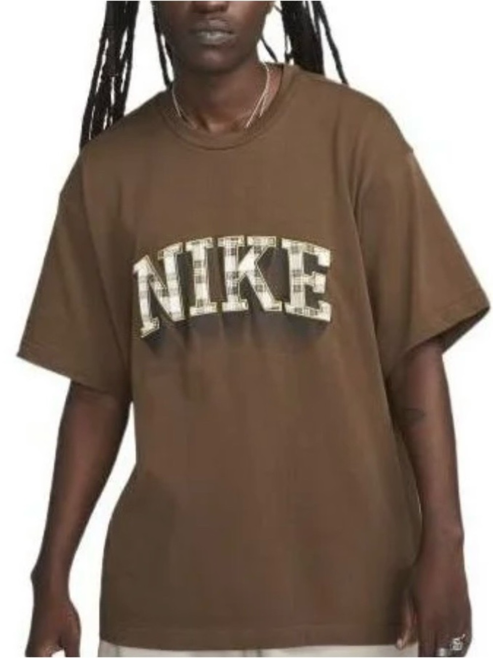 Nike Check Plaid Logo Brown Short Sleeve Tee Cocoa Drip Like New